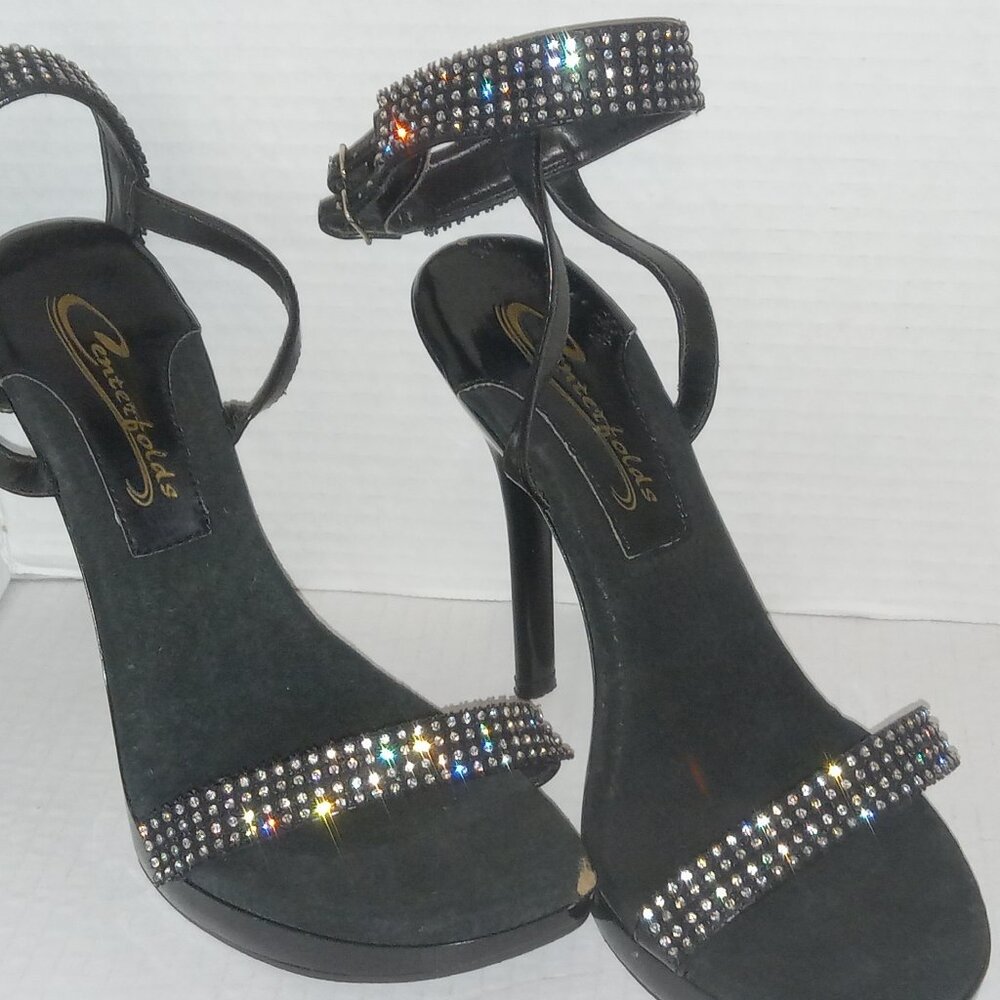 CENTERFOLDS BLACK W/BLING RHINESTONES-ANKLE STRAP-WOMEN'S SIZE 7-USED